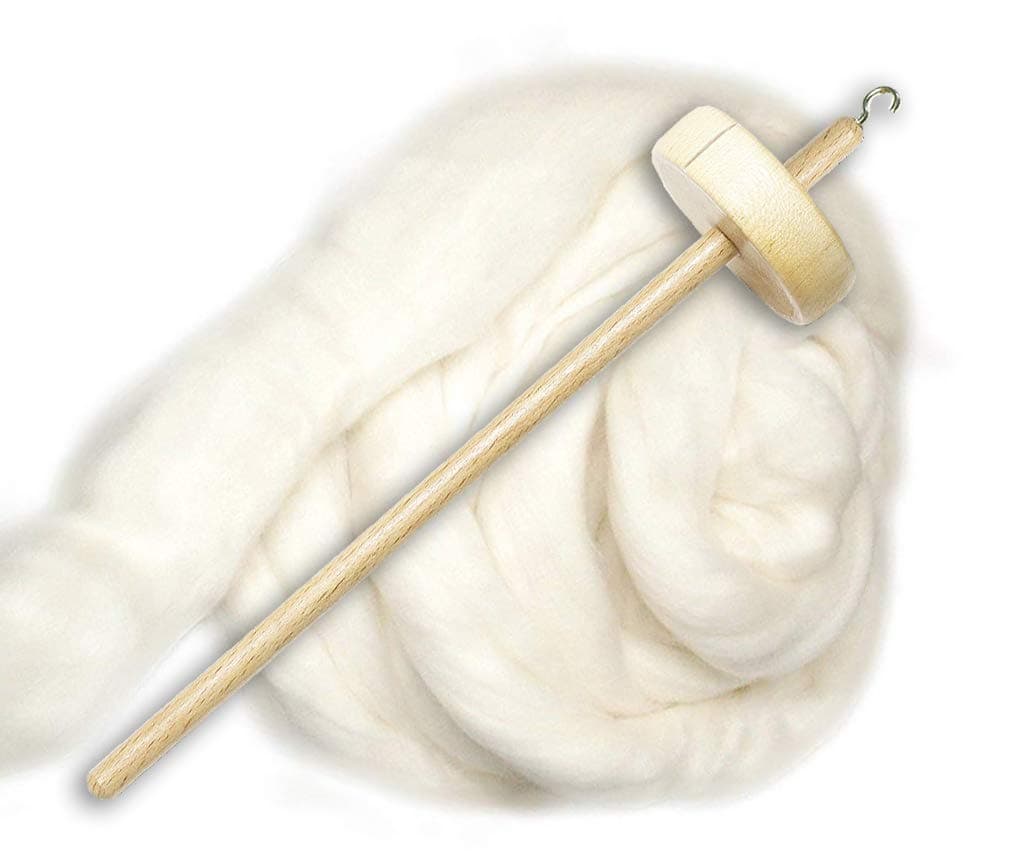 Drop Spindle Top Whorl Hand Carved Includes 4 oz Premium Natural White Wool Combed Top Roving Gift Bundle