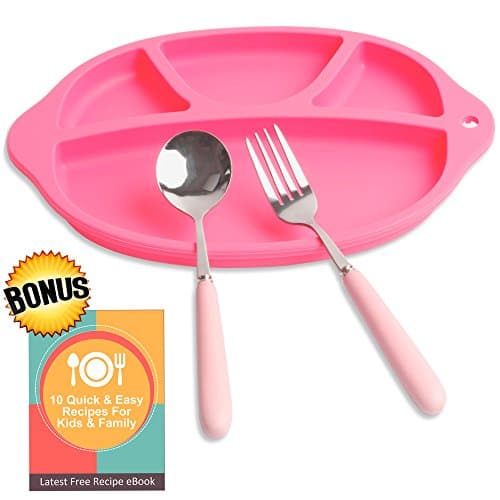 3-Piece Toddler Divided Plate Set - Includes Silicone Divider Plate, Kid's Spoon and Fork, FREE eRecipe - 100% Food Grade BPA Free, Unbreakable, Anti-Slip. Perfect Food Plate for Kids & Elderly (Pink)