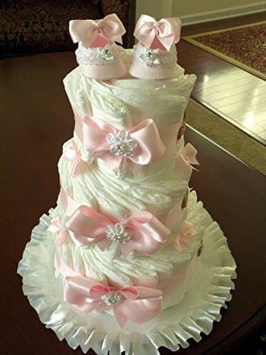 Three Tier Pink and White Diaper Cake with Decorative Booties