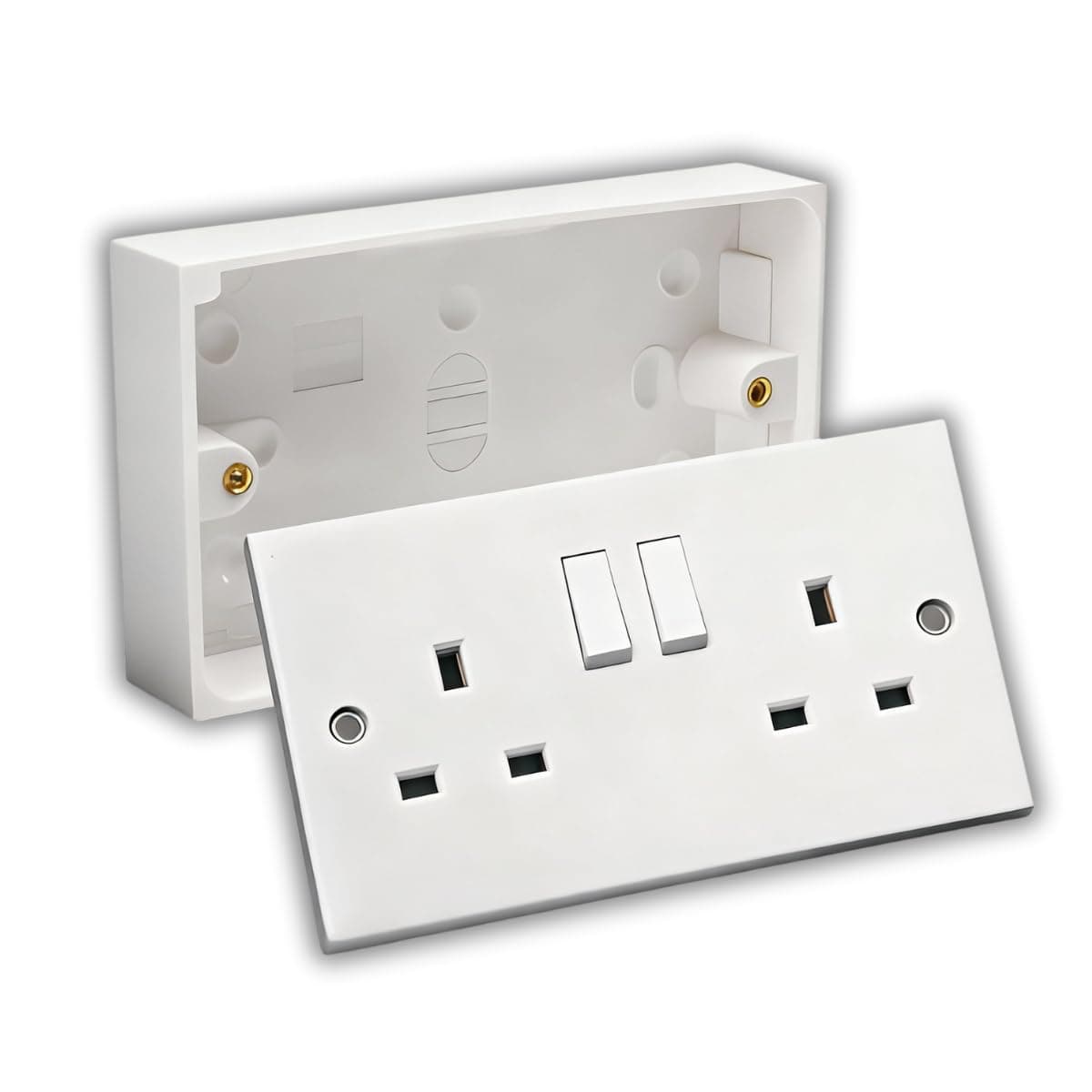 Double Wall Socket & Back Box Pattress. Twin 2 Gang Switched Plug Electrical