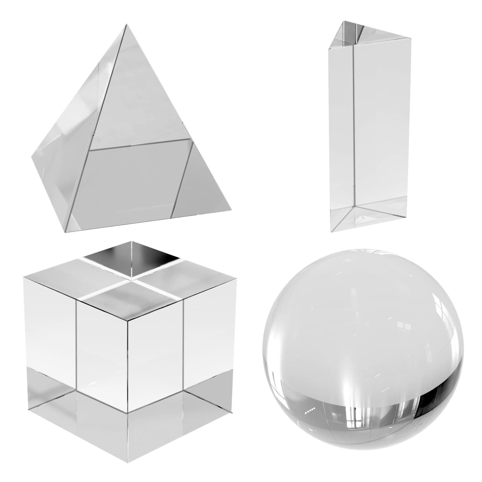 4 Pack K9 Optical Crystal Photography Prism Set, Upgraded, Include 55mm Ball, 50mm Cube, Triangular Prism and 60mm Optical Pyramid with Wiper Cloth and Gift Box for Teaching, Playing, Photography