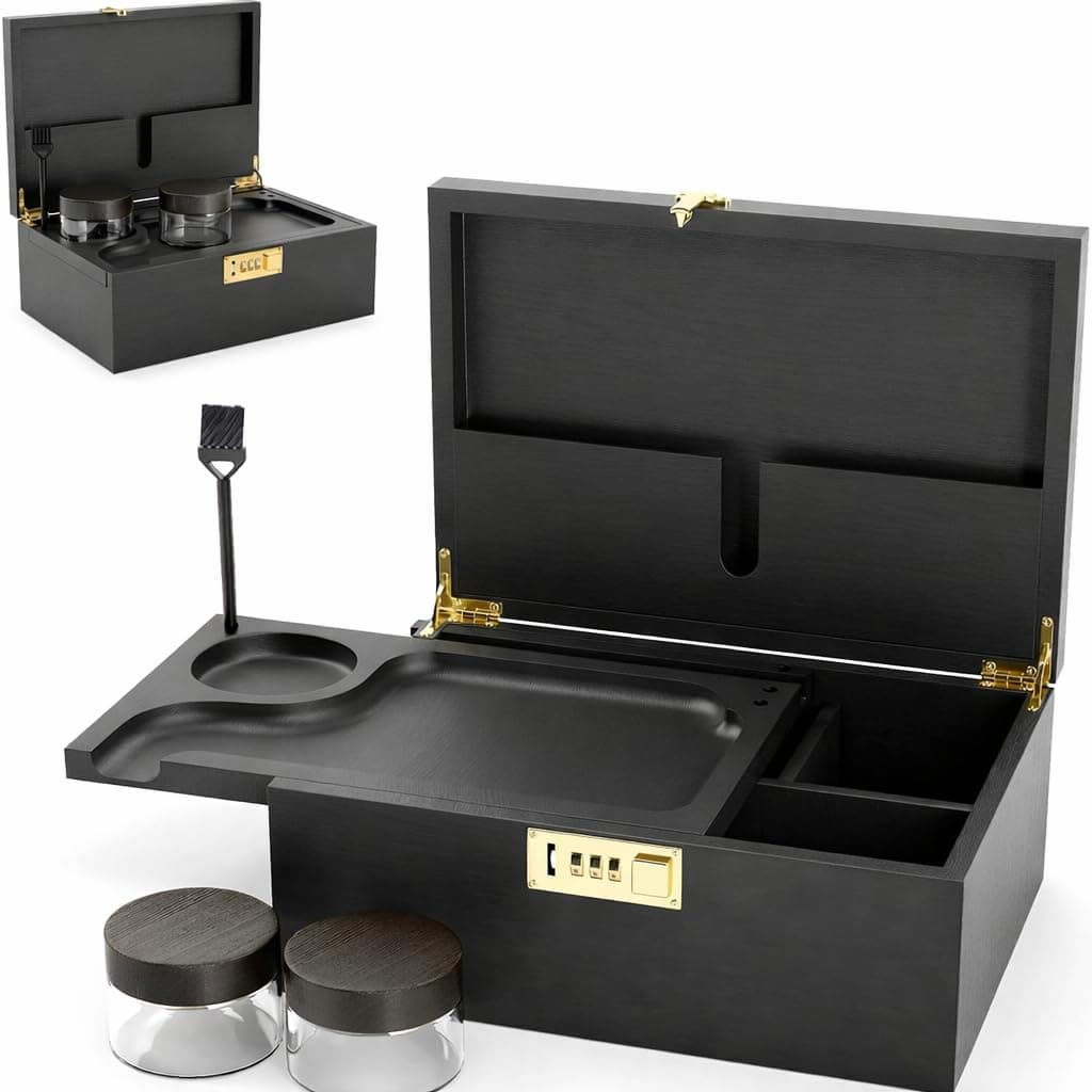 Large Bamboo Wooden Stash Box with combination Lock, Rolling Tray and Glass Storage Jars - Wood Storage Rolling Set with Lock and Smoking Accessories Kit (Black Wooden Stash Box)