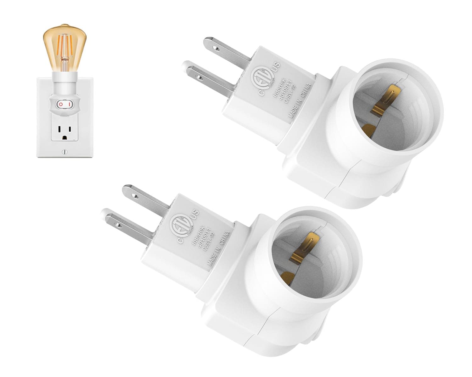 Borju Plug in Light Socket [2-Pack], Outlet to Socket Adapter, 360° Rotatable Plug with On/Off Switch, ETL Listed, White