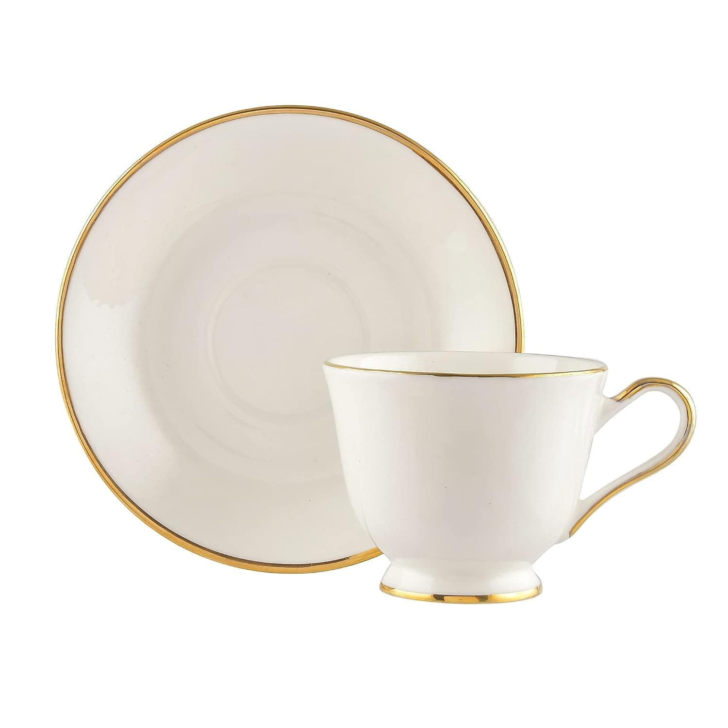 Light Weight Plain White Gold Rim Semi Deluxe Fine Bone China Tea Cup Saucers Set - 140ml, Set of 6 (6 Cups & 6 Saucer)