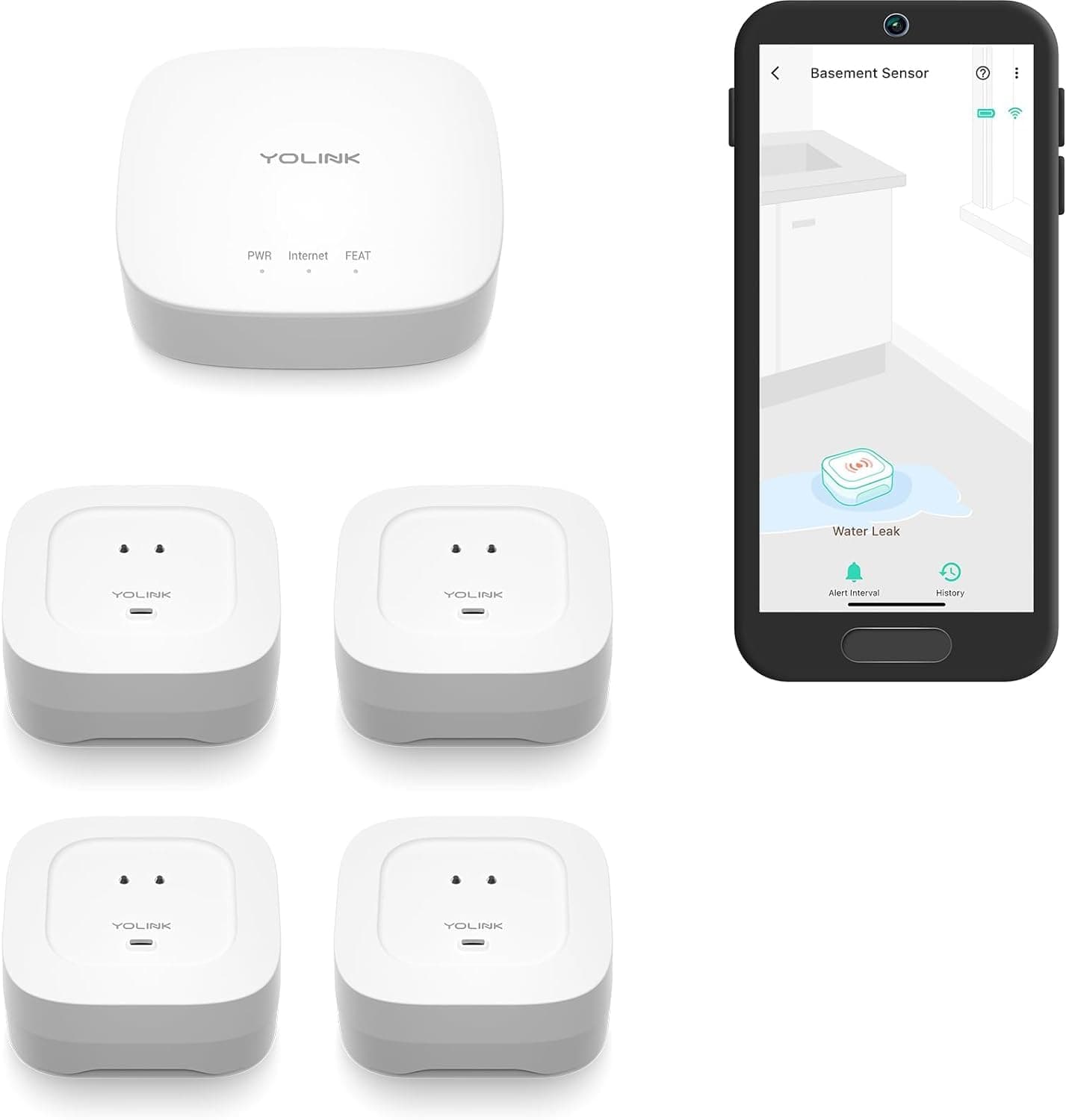 YoLinkSmart Home Starter Kit: Hub & Water Leak Sensor 4 with 105dB Audio Alarm 4-Pack, SMS/Text, Email & Push Notifications, Freeze Warning, LoRa Up to 1/4 Mile Open-Air Range, w/Alexa, IFTTT