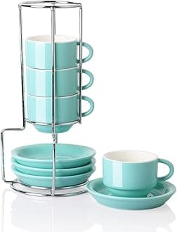 SweejarPorcelain Espresso Cups with Saucers, 2.5 Ounce Stackable Cappuccino Cups with Metal Stand for Coffee Drinks, Latte, Tea - Set of 4 (Turquoise)