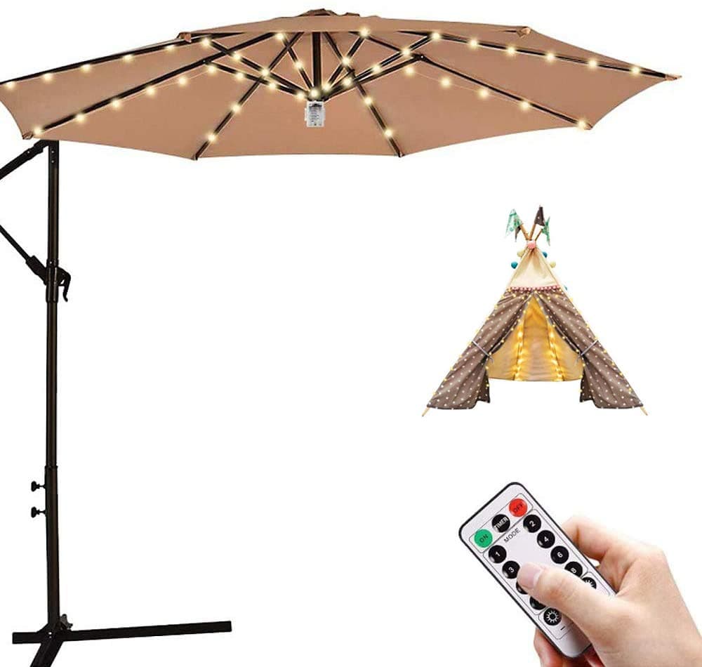 Patio Umbrella LED String Lights Waterproof, 8 Branches 104 LEDs Warm White Parasol Lights with Remote Control and Timer for Outdoor & Indoor use