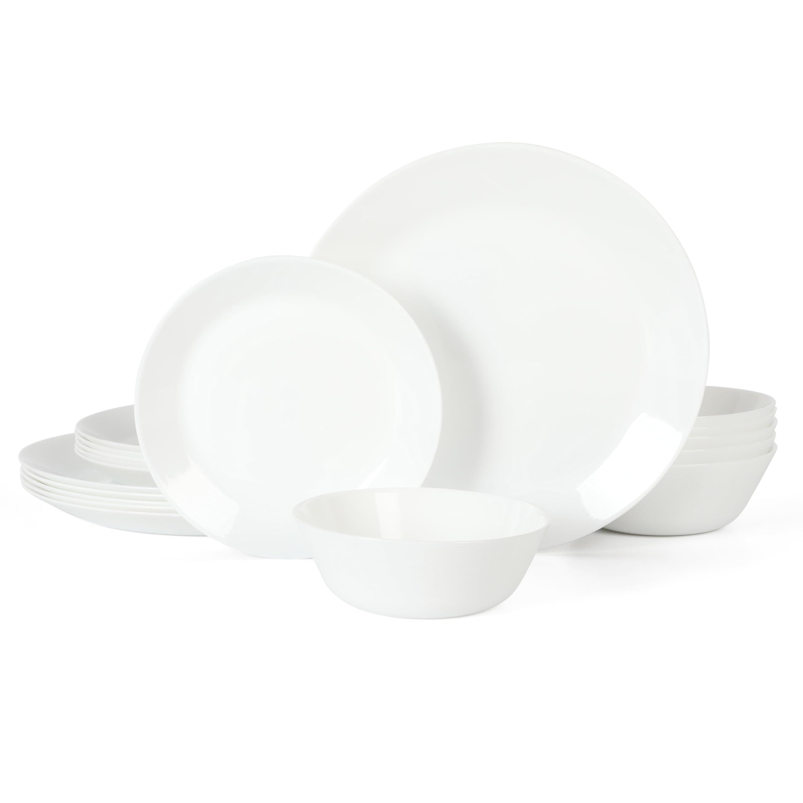 Martha Stewart Opalton 18-Piece Dinnerware Set – Chip and Break Resistant Opal Glass Plates and Bowls, Lightweight White Dinner Set for 6, Microwave and Dishwasher Safe