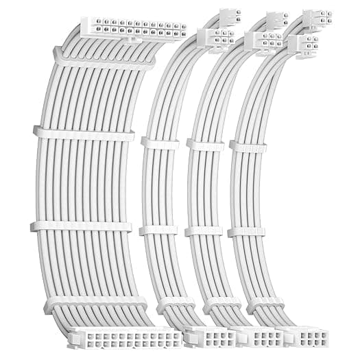 ESEEC 16AWG PSU Cable Extension, Soft Braided Cable Extension PC, 1x24Pin ATX / 1x8Pin(4+4) / 2x8Pin(6+2) PCI-e PSU Extension Cable Kit, with Combs, 30cm White