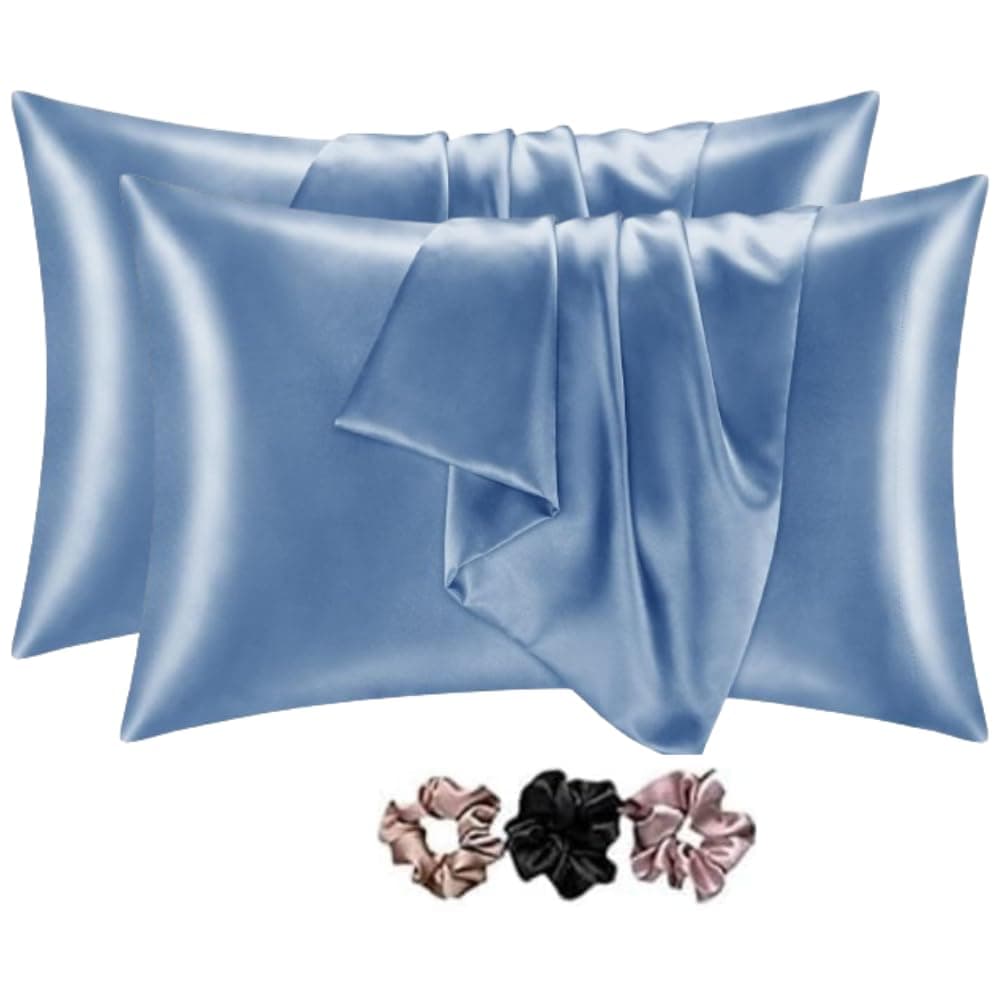 - Solid Satin Silk Pillow Covers Pack of 2 for Hair and Skin-with Satin Scrunchies for Women Stylish|Satin Pillow Cover for Hair|scrunchies for Women 3-Piece|Silk Pillow case (Airy Blue) 600TC