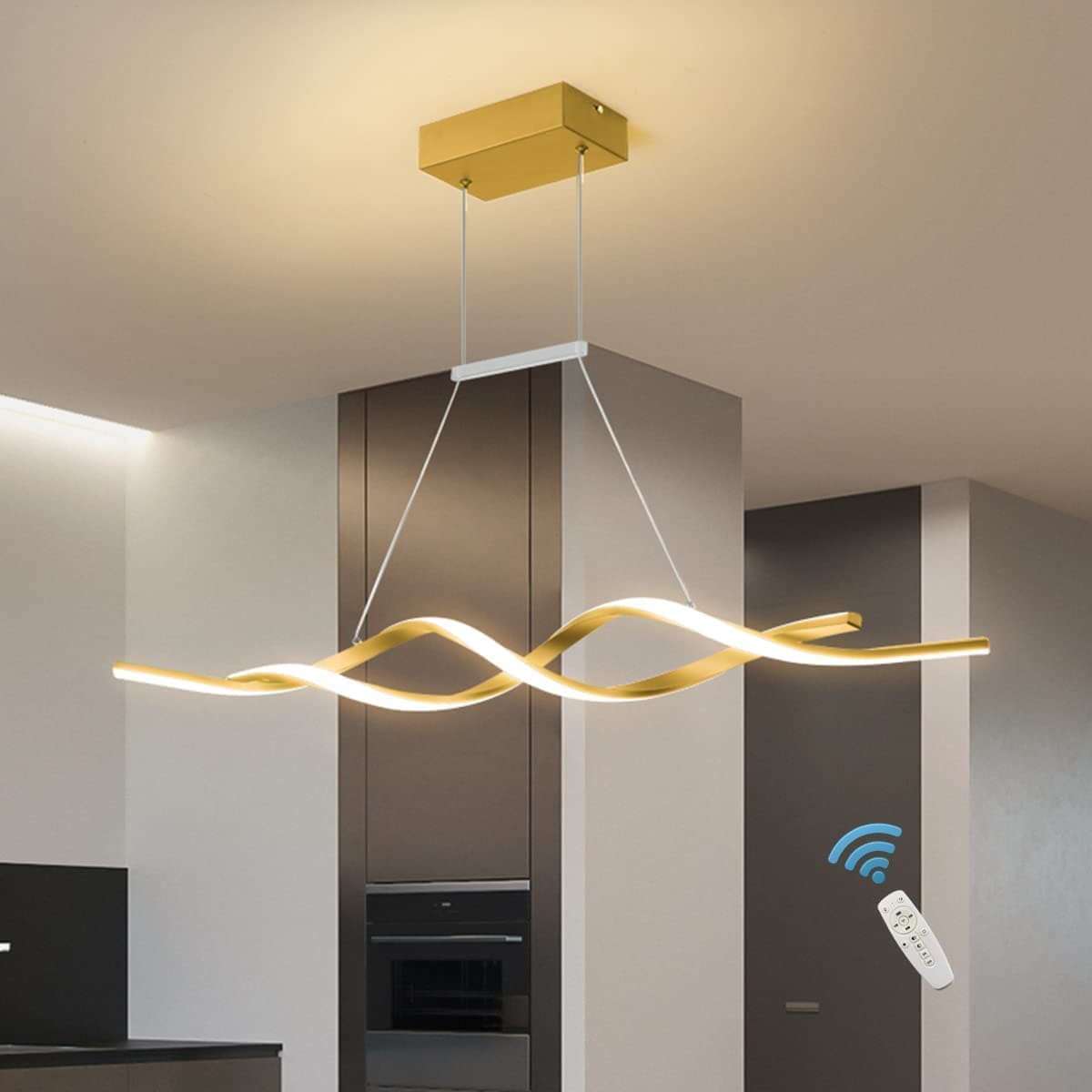 Modern Chandelier, Dimmable LED Pendant Light with Remote Control, Acrylic Wave Contemporary Chandeliers for Dining Rooms Dinner Table Kitchen Restaurant, 3000K-6000K, 28W, Gold