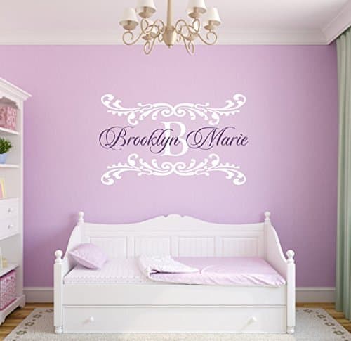 Name Wall Decal Damask Wall Decal Shabby Chic Heart Frame Personalized Name and Initial Vinyl Wall Decal for Girl Baby Nursery (24"H x 39"W)