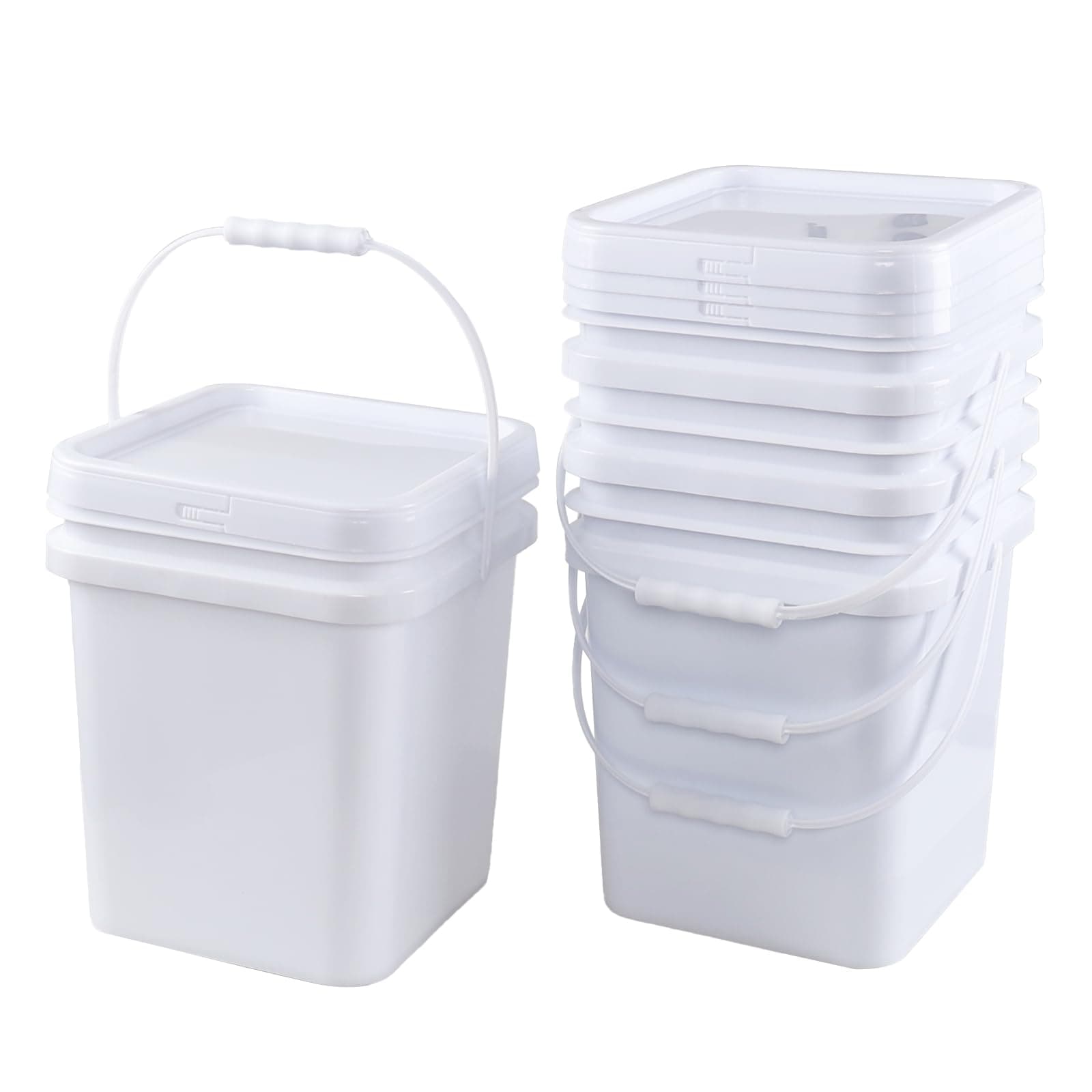 5 Gallon Plastic Square Bucket with Lid and Handle, 4 Pack White Square Food Bucket Pail Container