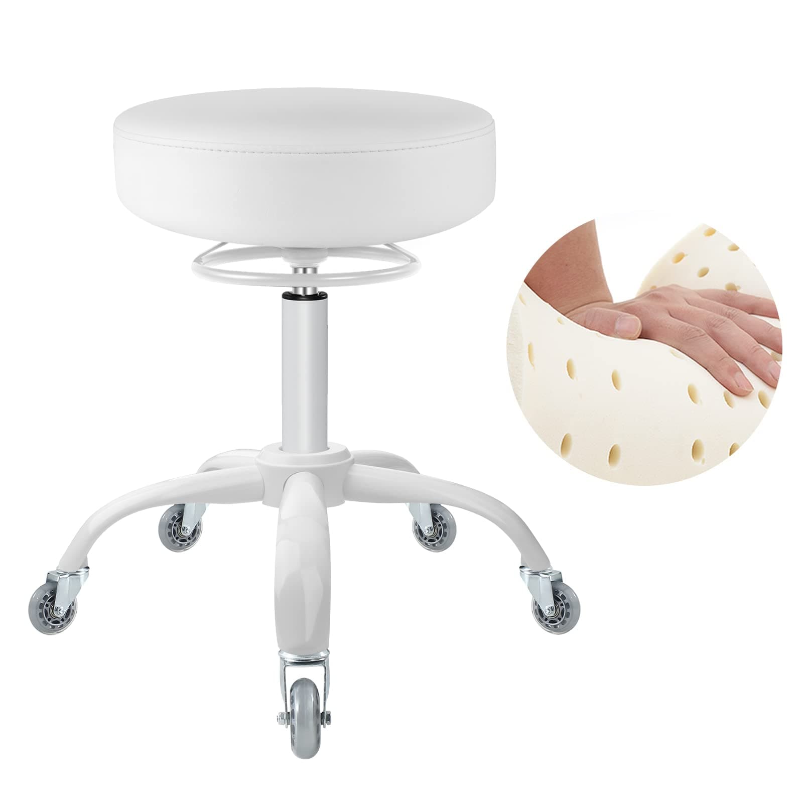 Rolling Stool with Wheels 400lbs Weight Capacity,Heavy Duty Lash Chair Adjustable for Tatoo Lab Massage Salon Spa Drafting Nail Teach,360 Swivel,Leather,Thick Seat Padding (Pure White)