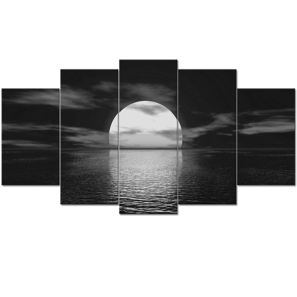 LevvArts - 5 Panel Black and White Canvas Wall Art Full Moon on Sea Ocean Landscape Picture Prints Seascape Paintings for Home Living Room Bedroom Bathroom Decoration Ready to Hang