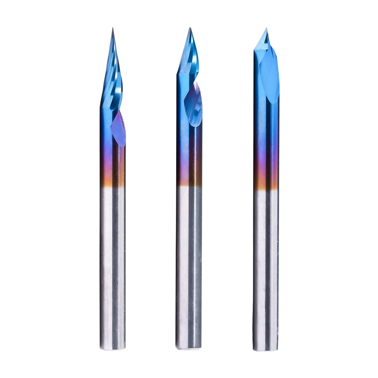 FoxAlien 3pcs CNC Router V-Bits, 20/30/60 Degree 0.1mm, 1/8” Shank, Nano Blue Coated, High Speed Steel, V-Groove Cut, 1 Flute, For Wood MDF Acrylic Plastic Lettering Sign Making