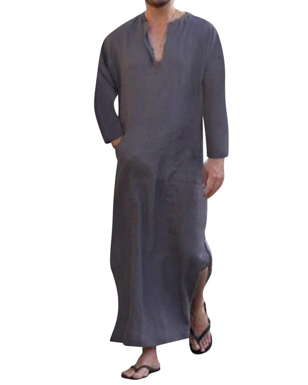 Men's V-neck Short Sleeve Robe Side Split Kaftan Cotton Long Gown Thobe S-3XL