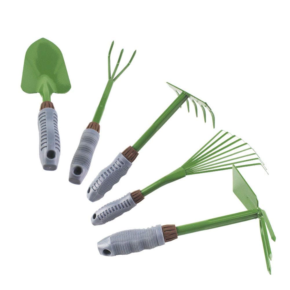 Five-Piece Gardening Tools Set Potted Flower - Including Double Use Hoe 3 prongs,9-Teeth Leaf rake, 5-Teeth rake,Cultivator/Weeder,Trowel/Shovel with High Carbon Steel and Soft PVC Handle Grip