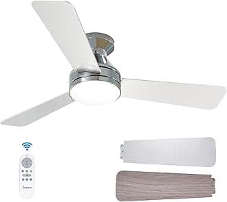 Amico Ceiling Fans with Lights, 42 inch Low Profile Ceiling Fan with Light and Remote Control, Flush Mount, Reversible, 3CCT, Dimmable, Noiseless, Nickel Ceiling Fan for Bedroom, Indoor/Outdoor Use
