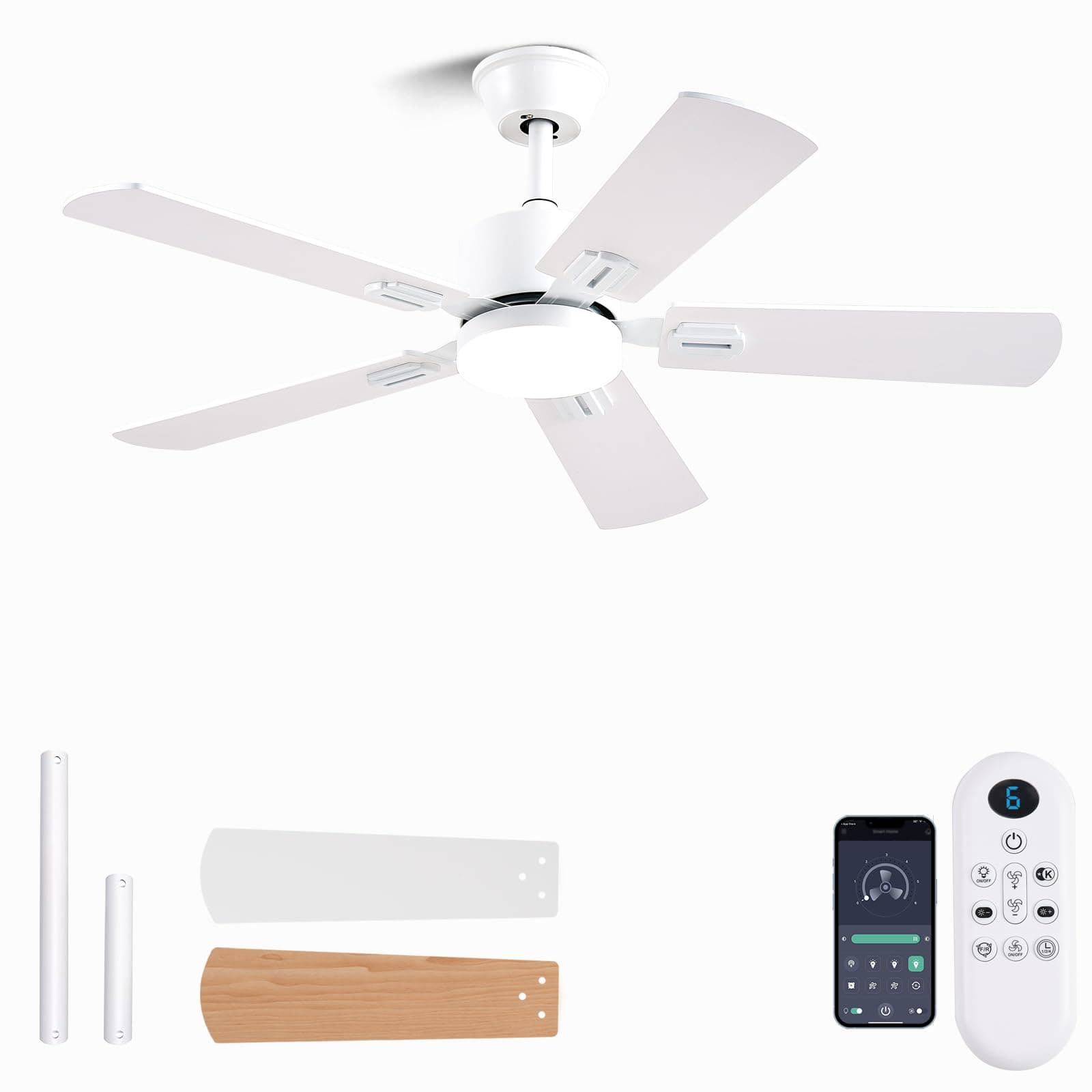 42 inch Modern White Ceiling Fans with Lights APP/Remote Control, Low Profile Reversible 6 Speeds Ceiling Fan Light for Indoor/Outdoor Patio Bedroom Living Room