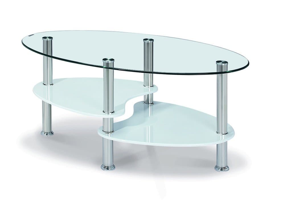Requiredgoods Clear Glass Oval Coffee Table Chrome Legs High Gloss White Shelves - Portable Clear Glass Center Table 900W x 550D x 415H - Durable Living Room Furniture
