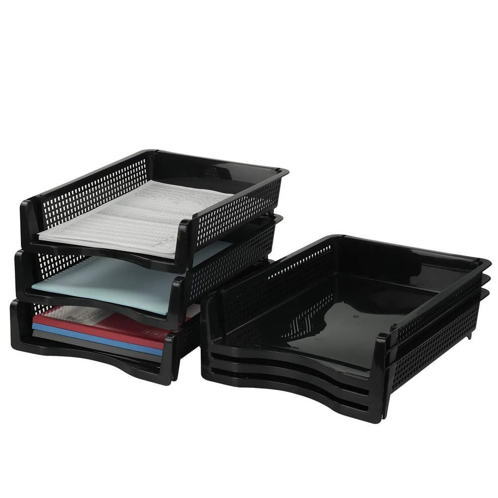 Stackable Paper Tray Set of 6, Black Plastic Letter Tray Basket
