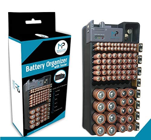 Battery Organizer Storage Case by Melon Products – Removable Battery Tester Included with Holder – Holds 110 Batteries AA AAA 9V C D button cell - Drawer Organizer or Wall Mountable