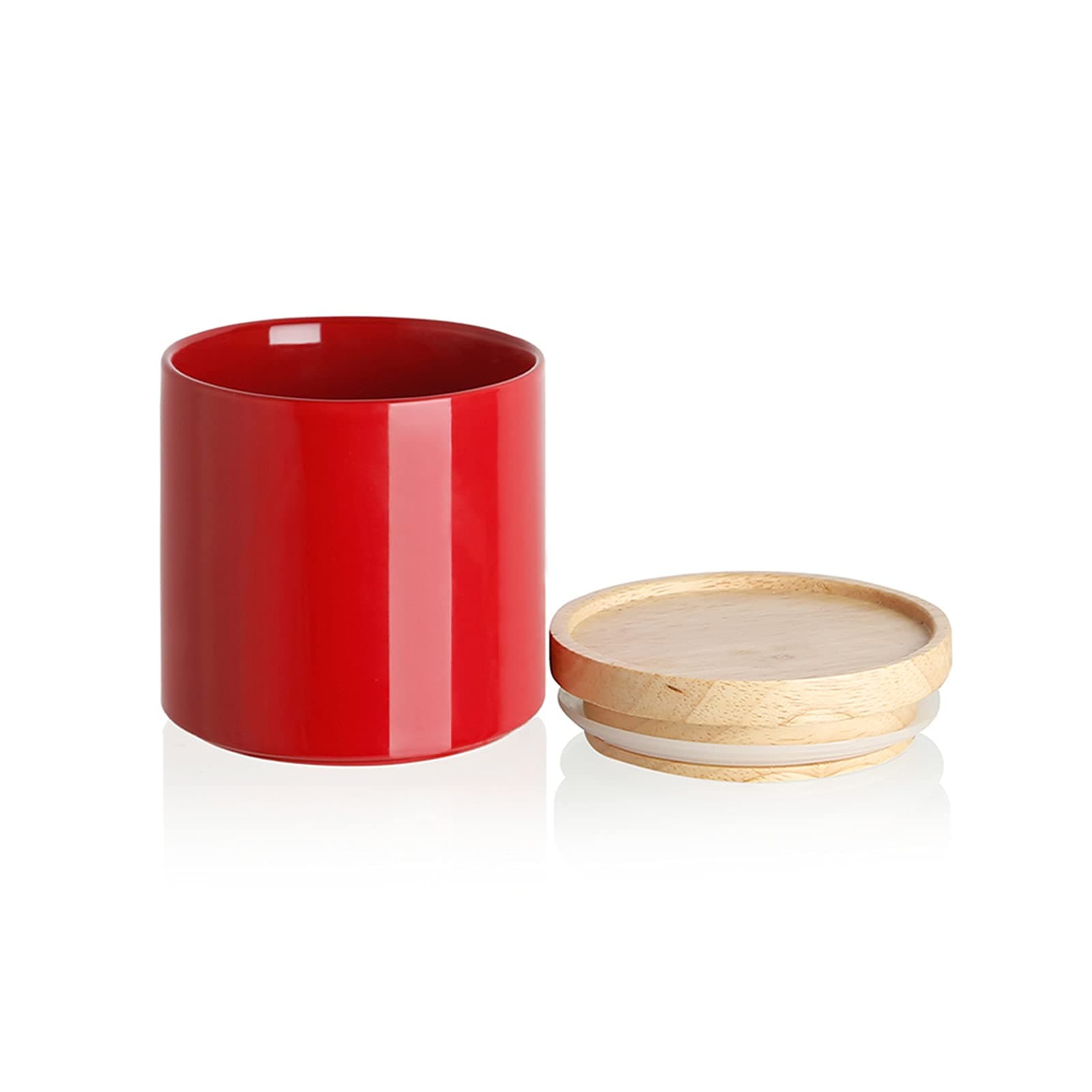 Kitchen Canisters Ceramic Food Storage Jar, Stackable Containers with Airtight Seal Wooden Lid for Serving Coffee Bean, Flour, Tea, Spice and More - 39 Fl Oz (Red)