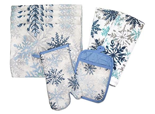 Winter Snowflake Blue Tapestry Complete Kitchen Linen 8 Piece Set Place Mats Towels Pot Holder and Oven Mitt