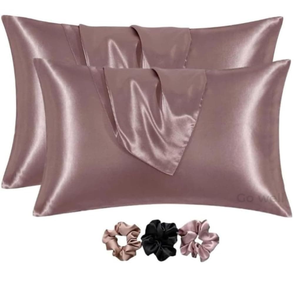GO WELL Solid Satin Silk Pillow Covers Pack of 2 for Hair and Skin-with Satin Scrunchies |Satin Pillow coves for Hair and Skin|scrunchies for Women 3-Pieces|Silk Pillow case (RoseTaupe) 600TC