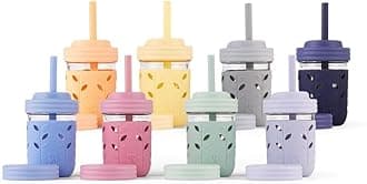 Elk and Friends Kids & Toddler Cups | The Original Glass Mason jars 8 oz with Silicone Sleeves & Silicone Straws with Stoppers | Smoothie Cups | Spill Proof Sippy Cups for Toddlers | 8 Pack