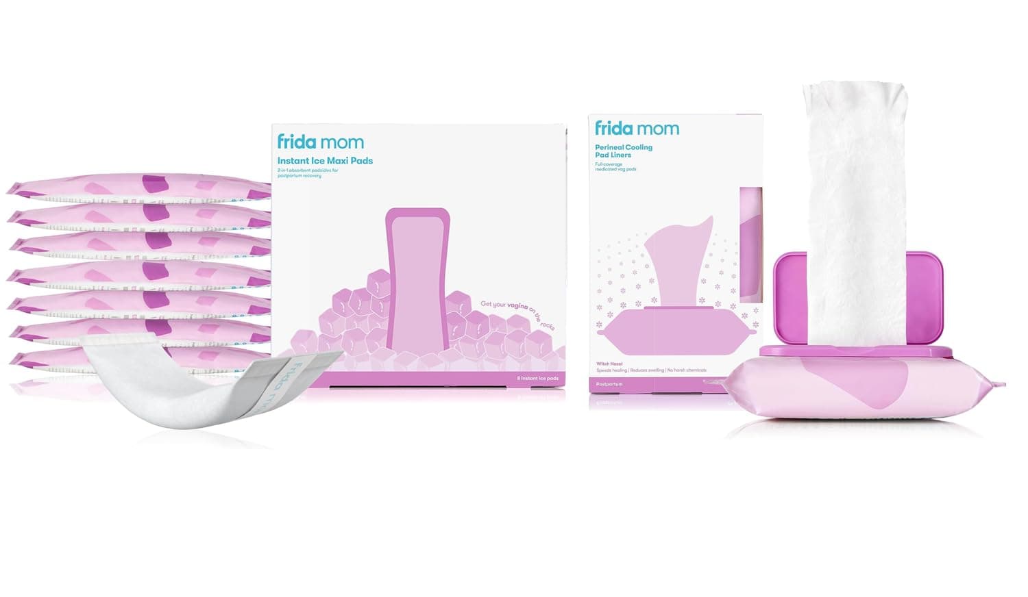 Witch Hazel Perineal Cooling Pad Full-Length Pad Liners + Frida Mom 2-in-1 Postpartum Pads, Ice Maxi Pads| Postpartum Essentials