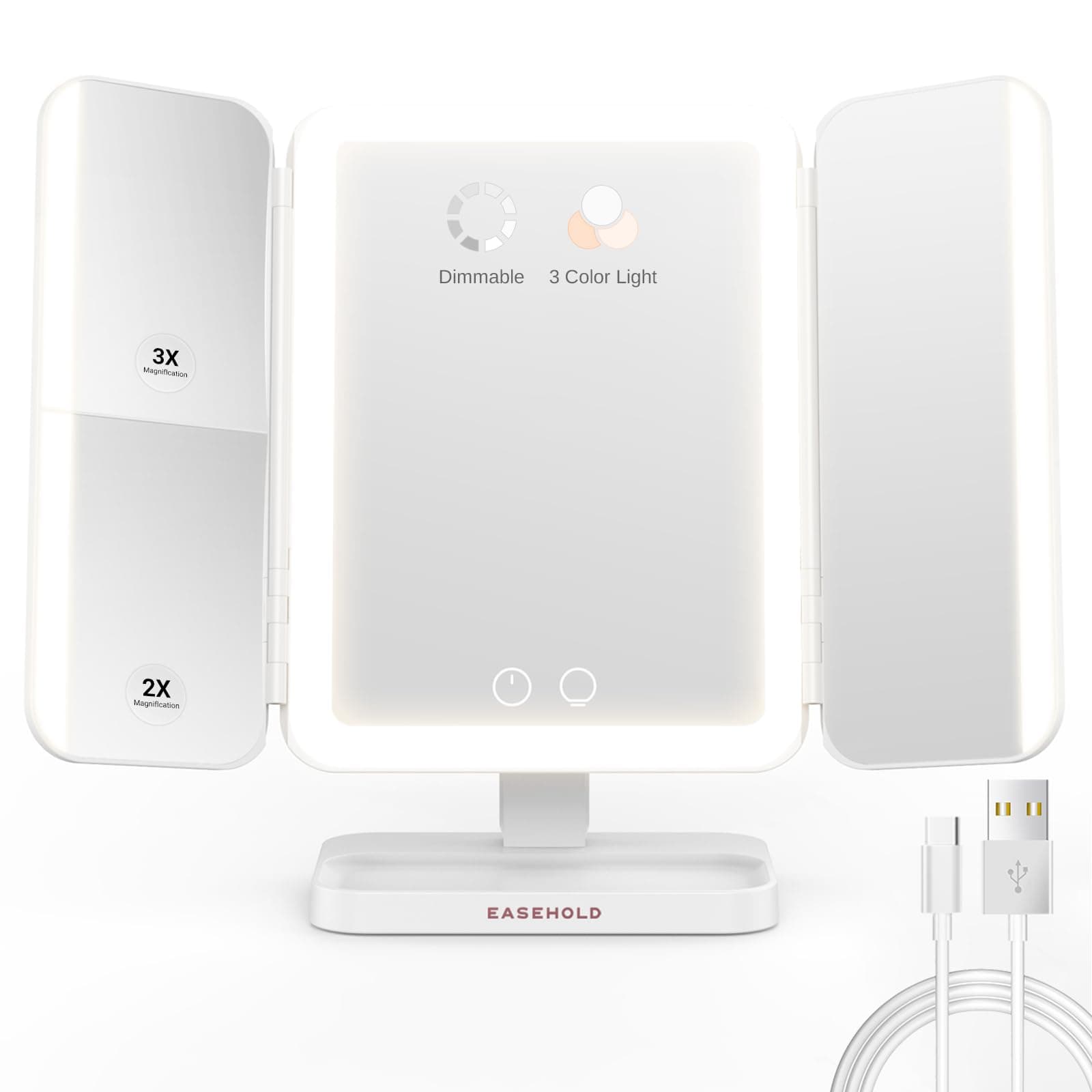 EASEHOLDMakeup Mirror with Lights, Rechargable Lighted Vanity Mirror with 116 LEDs, 1X/2X/3X Magnifying, 3-Color Mirror with LED Lights,5000 mAh Lighted Makeup Mirror, Adjustable Brightness/Angle