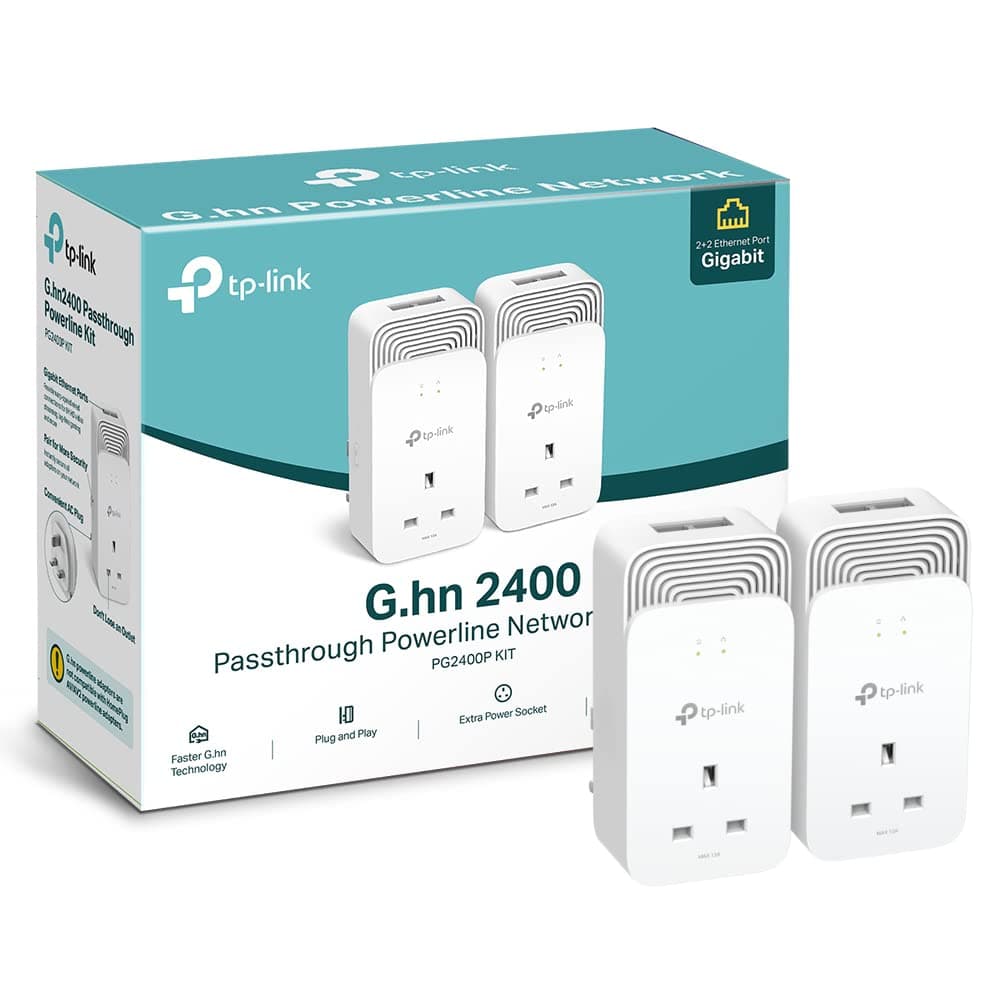 Wired Passthrough Powerline Adapter Starter Kit, Advanced Protocol G.hn MIMO, Extra Power Socket, 2+2 Gigabit Ethernet Ports, No Configuration Required, Plug and Play, Pack of 2 (PG2400P KIT)