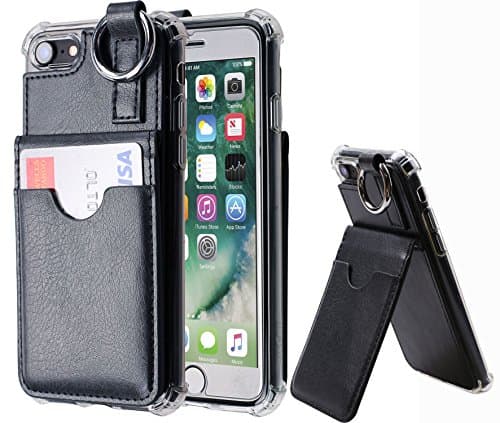 iPhone 7 Wallet Case,[Pocket Ring Bumper] Credit Card Case [Kick Stand] Protective Hybrid Case [Key Ring Holder] with 3 Cards Slot Wallet for iPhone 7 (Black)