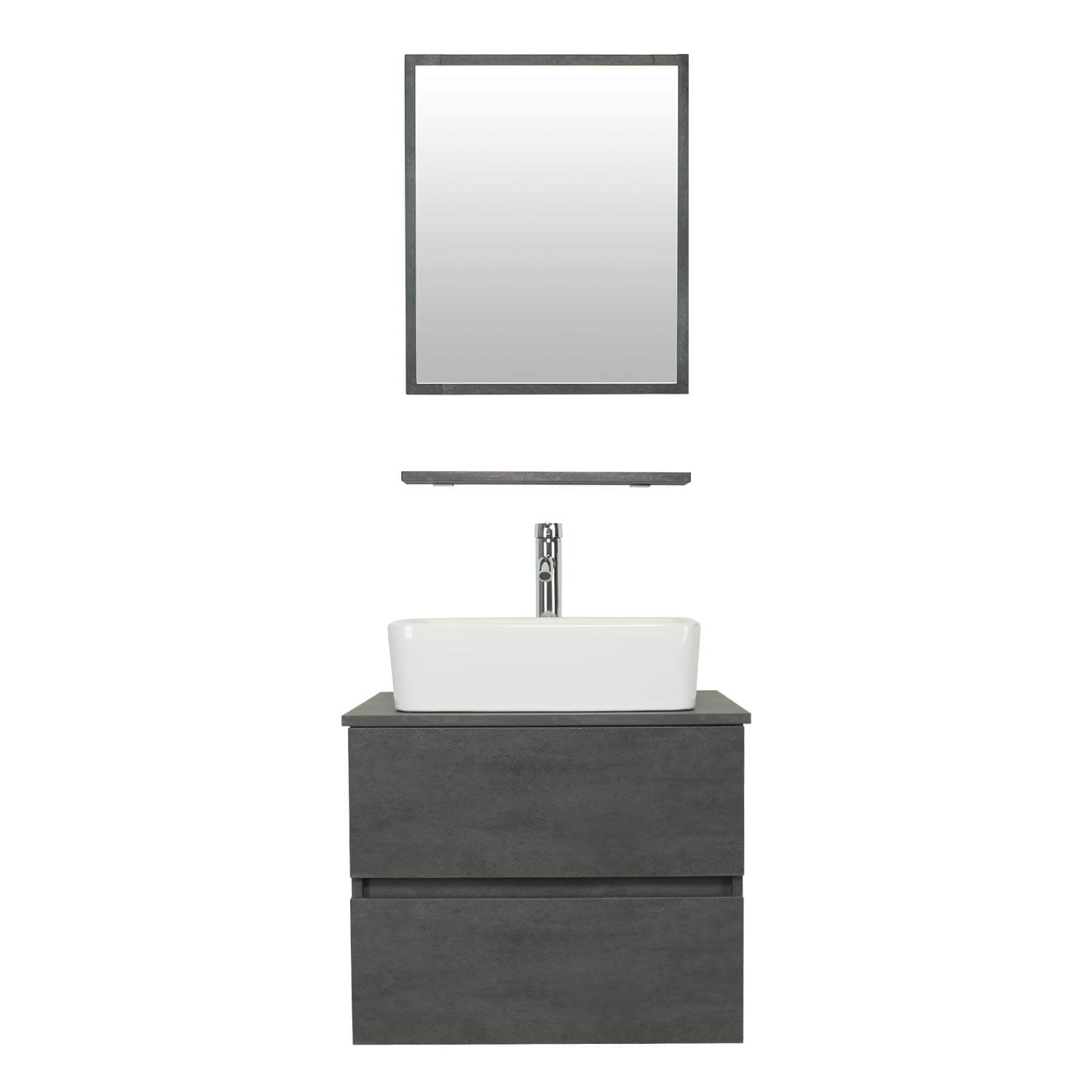eclife 24" Bathroom Vanity Sink Combo Wall Mounted Floating Cabinet Set W/Two Drawers White Rectangle Ceramic Vessel Sink W/Chrome Faucet, Pop Up Drain & Mirror (T03 E02CC)