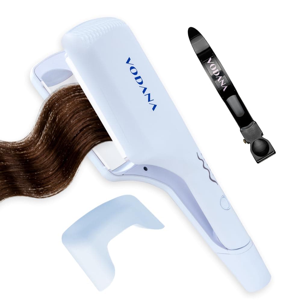 Professional Triple Flow Ceramic Hair Waver - Easy Beach Waves with Embedded Double Barrel Wave Iron. Experience Instant Heat, Long-Lasting Performance, and Quick Heat (1.6 inch, Creamy Blue)
