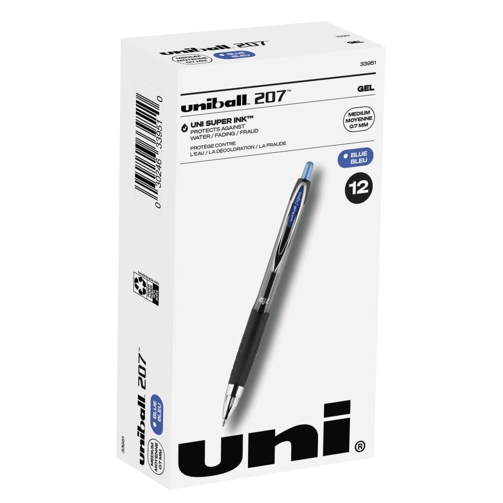 uni-ball 207 Retractable Gel Pens Medium Point, 0.7mm, Blue, 12 Pack