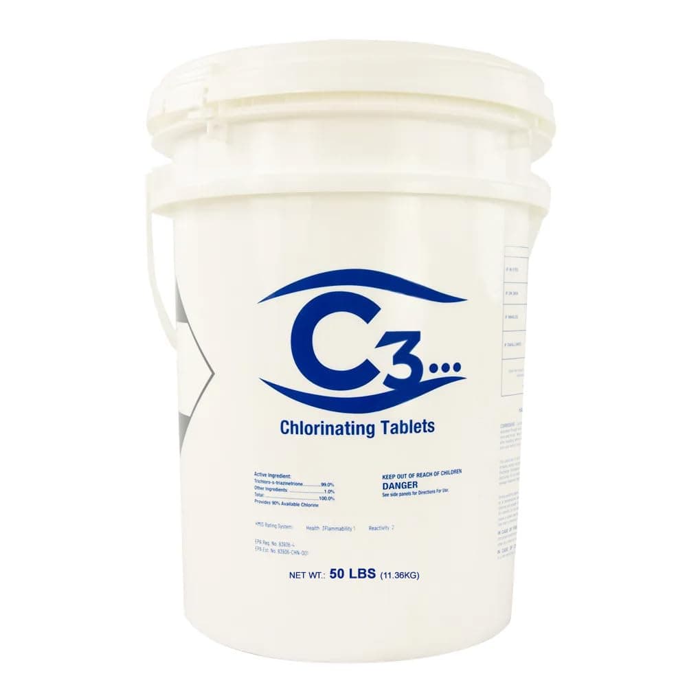 C3... 3" Stabilized Chlorine Tablets for Swimming Pools | Easy to Use | for Above Ground or Inground Pool | Individually Wrapped Chlorinating Tabs | Slow Dissolving | 50 lbs