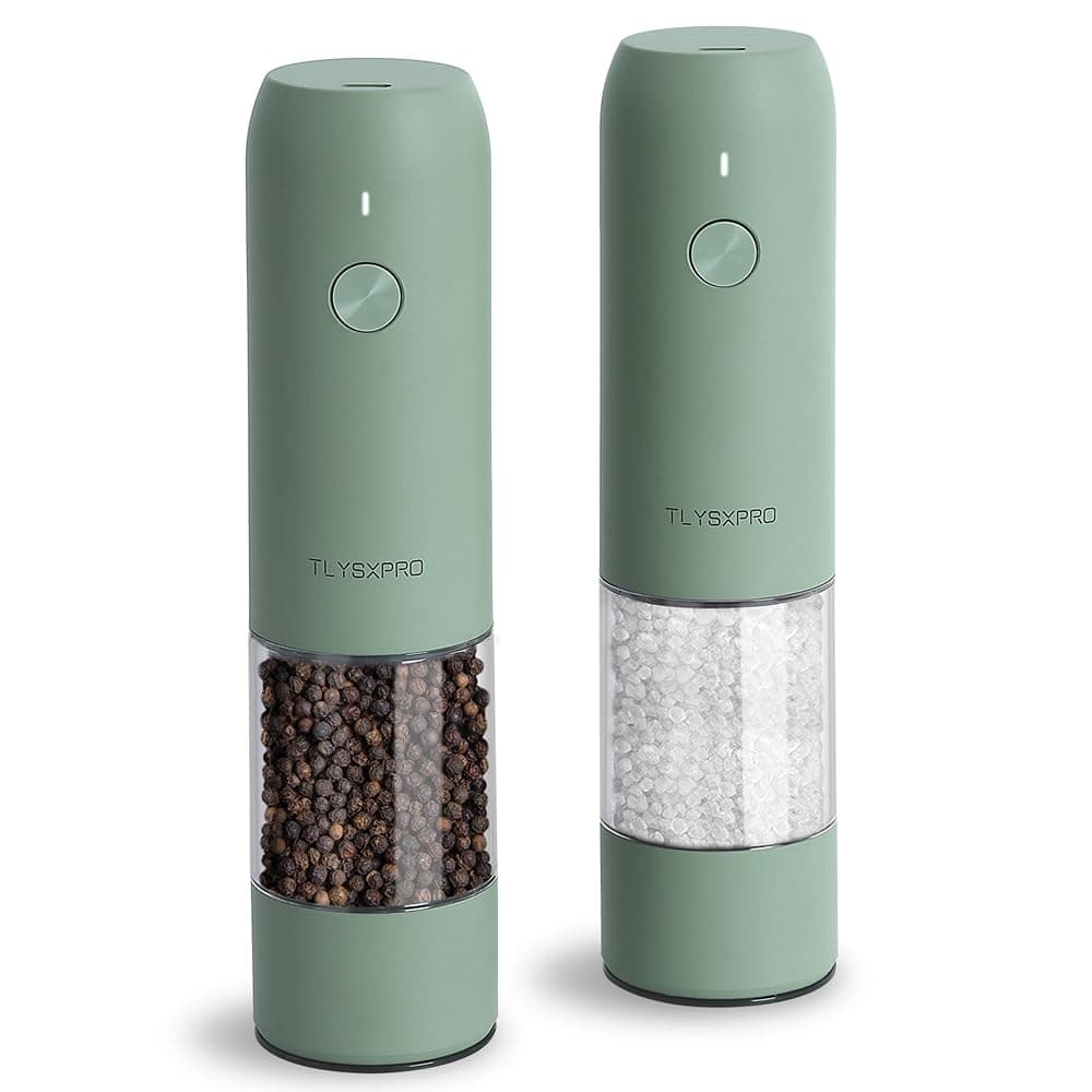 Electric Salt and Pepper Grinder Set, USB Rechargeable, Automatic Salt and Pepper Mill Grinder with Adjustable Coarseness, Electric Salt Shakers, LED Light, Refillable (2 Packs, Sage)