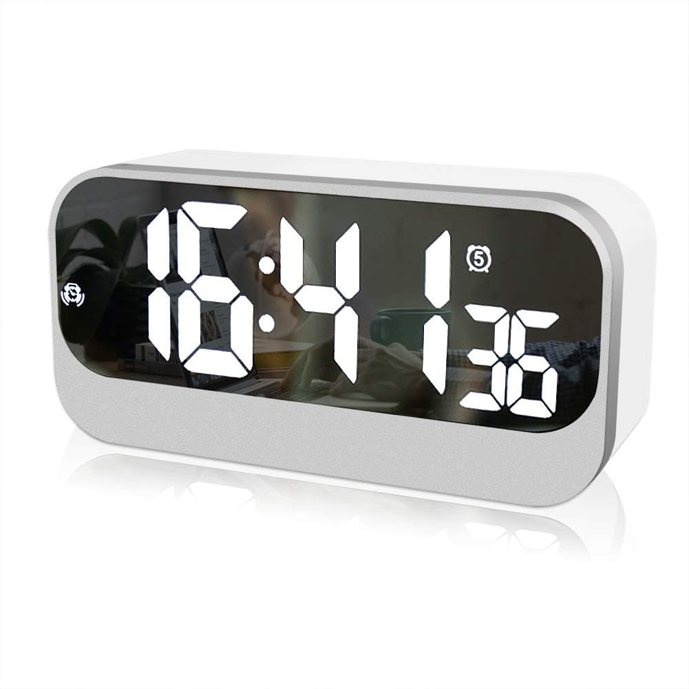 GOLDFOX LED Digital Alarm Clock, LED Clock with Mirror Surface-5 6 7 Days Alarm Setting-Adjustable Brightness-Seconds Display, Bedside Desk Alarm Clock for Bedrooms Office Home Decor, Powered by USB
