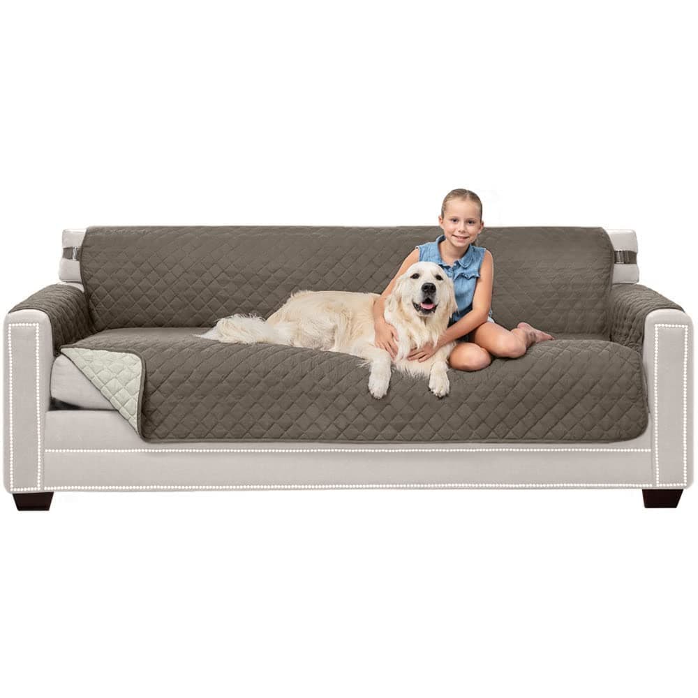 Sofa Shield Patent Pending Sofa Slipcover, Reversible Easy Fit, Oversized 78" Seat Width, Tear Resistant Microfiber Furniture Protector with Straps, Soft Durable Couch Cover, Pet Dogs, Latte Linen