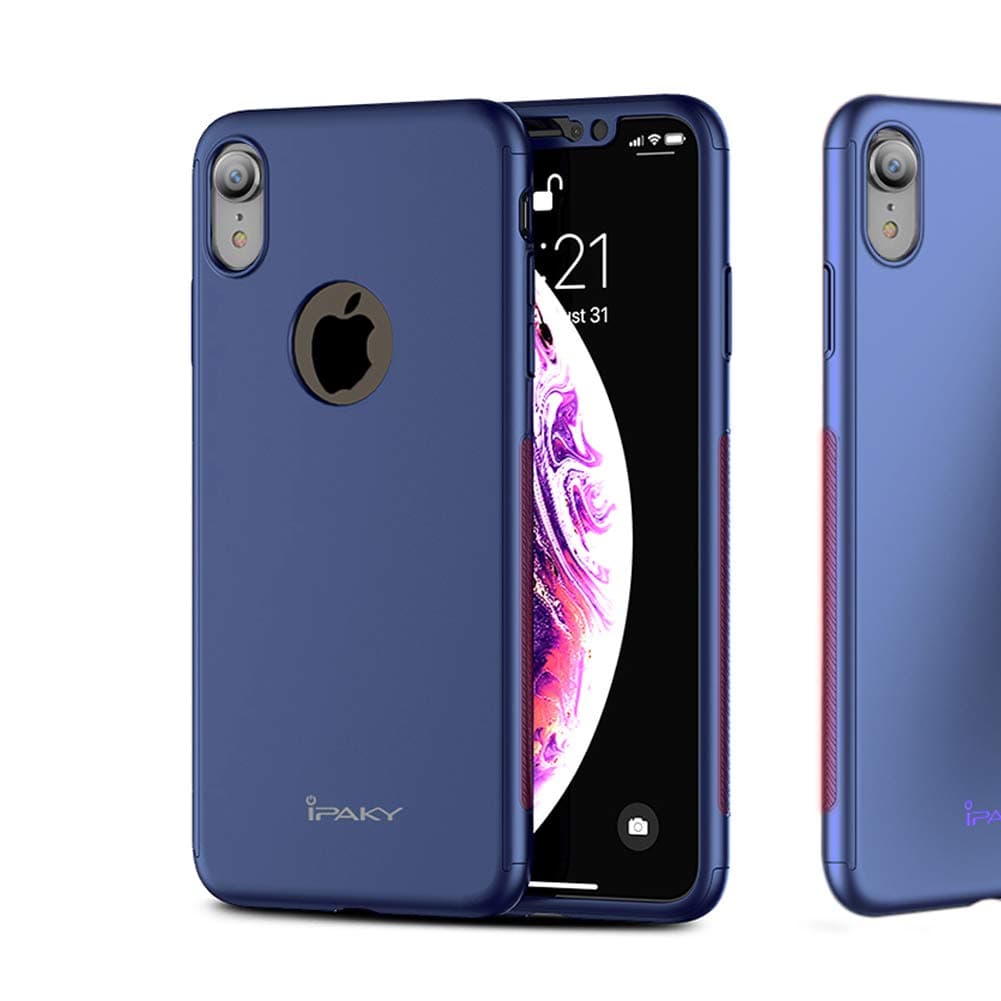 Compatible with iPhone XR Case,All-Around Protective Cover Thin Slim Fit Non-Slip Lightweight Hard Case with Tempered Glass Screen Protector for XR (Blue)