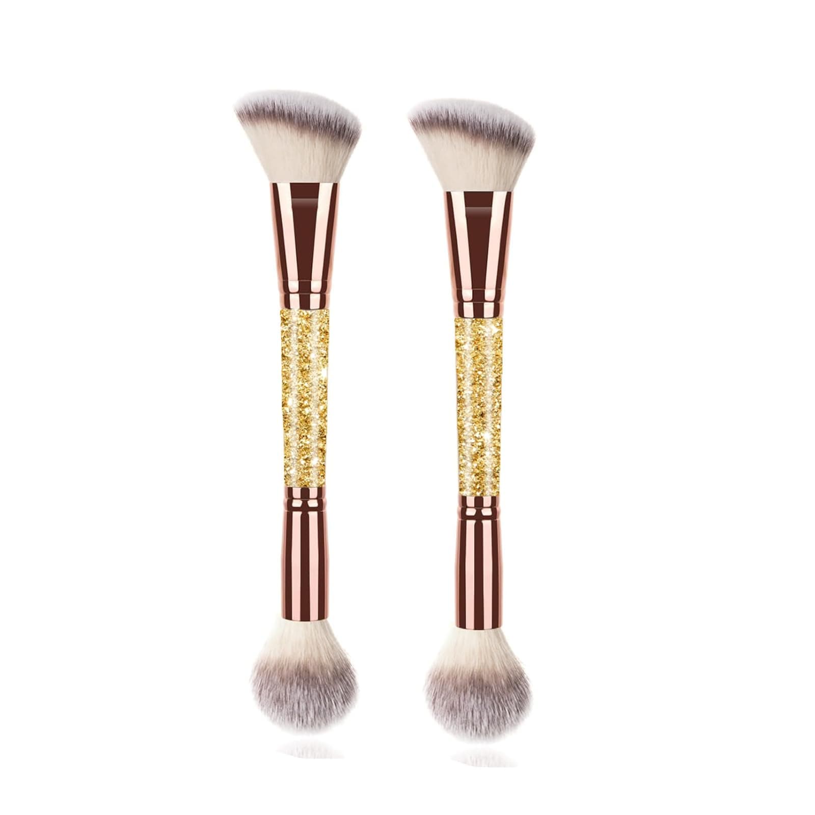 2Pcs Dual-ended Makeup Brushes for Contouring, Blending and Bronzing Angled Foundation Brush&Concealer Brush Premium Luxe Hair for Flawless Application of Liquid Cream and Powder Makeup Gold