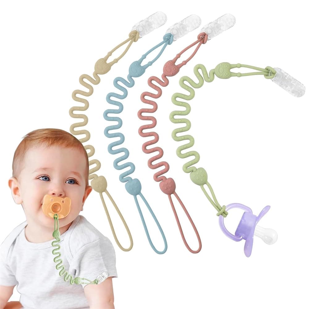 Baby Pacifier Clip, 4 Pack Silicone Pacifier Clips with One-Piece Beads for Baby, BPA Free Soft Flexible Paci Binky Clips, Flexible and Rust-Free Holders for Teething Relief and Baby Essentials