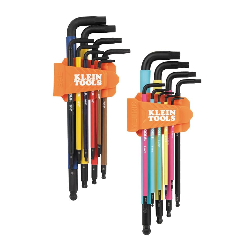 Klein Tools BLS18 Hex Key Wrench Set, Color Coded, SAE and Metric, Heat-Treated, L-Style, Long Arm and Ball End, 1/16-Inch to 3/8-Inch and 1.5 mm to 10 mm, 18-Piece