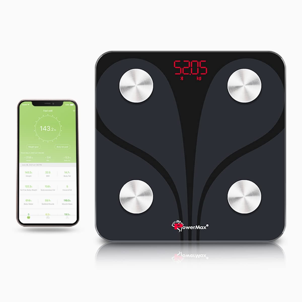 Powermax Fitness® Bca-130 Bluetooth Body Fat Scale Body Composition Analyser With Smartphone App, Black, Foot Size : 9