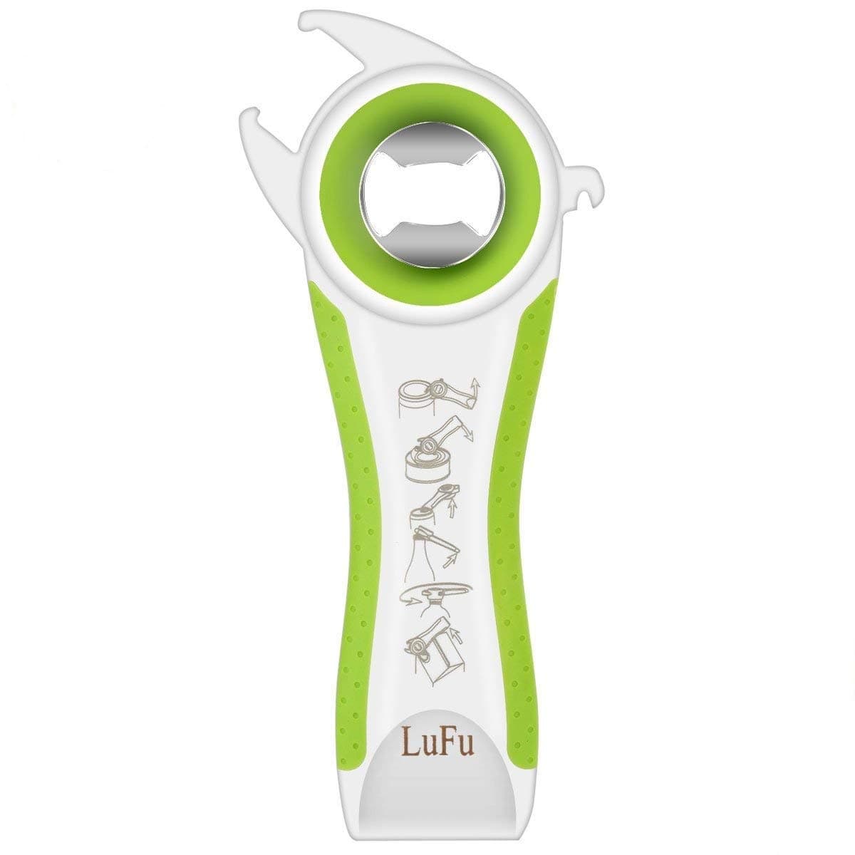 LuFu Multi-function professional 6 in 1 bottle opener. Being effort-saving, safe and efficient in bottle opening, Comfortable beautiful non-slip handle with rubber coating. (Green)