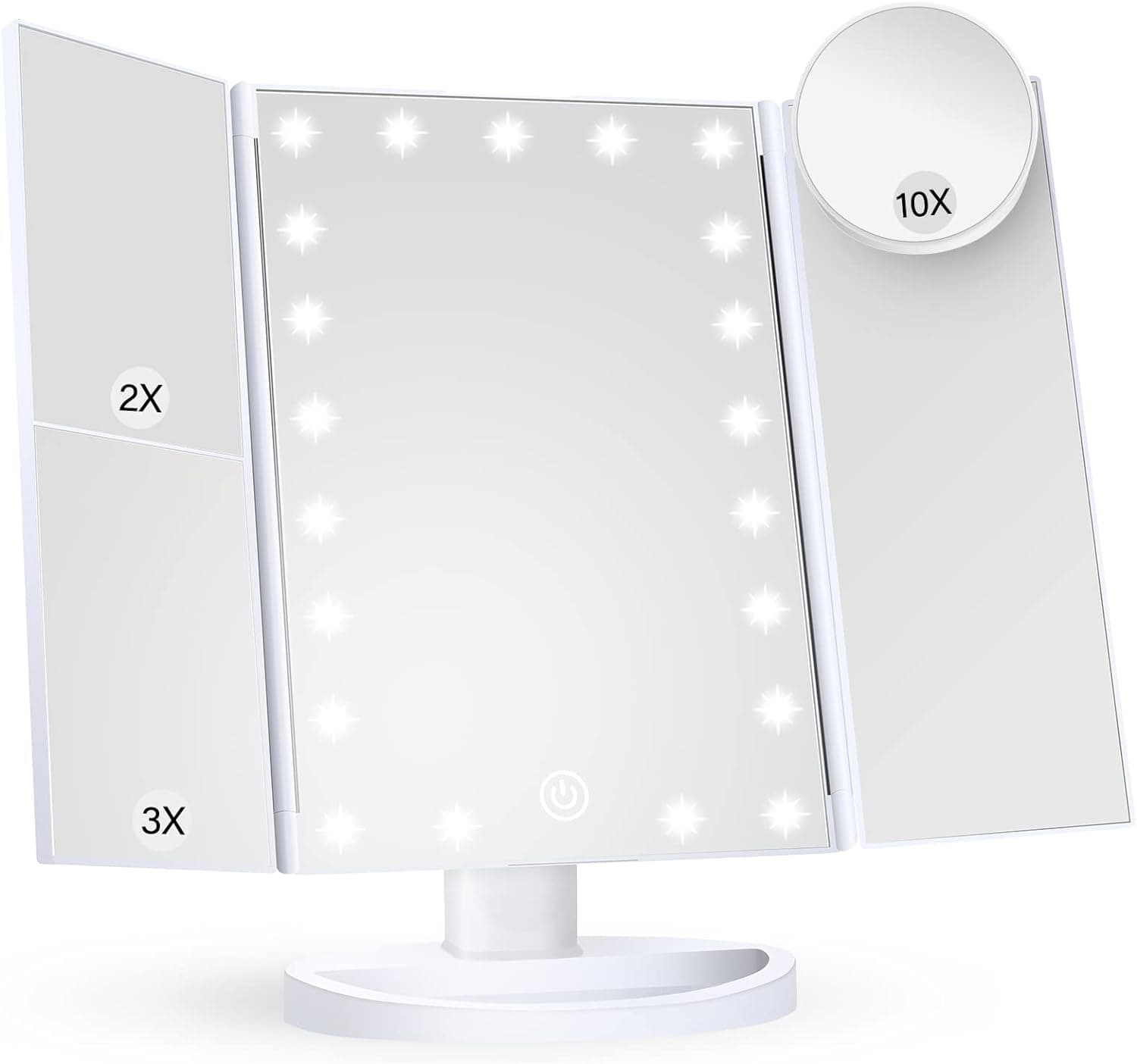 3Clock Makeup Mirror Vanity Mirror with Lights, 2X 3X 10X Magnification, Lighted Makeup Mirror, Touch Control, Trifold Makeup Mirror, Dual Power Supply, Portable LED Makeup Mirror, Women Gift (White)