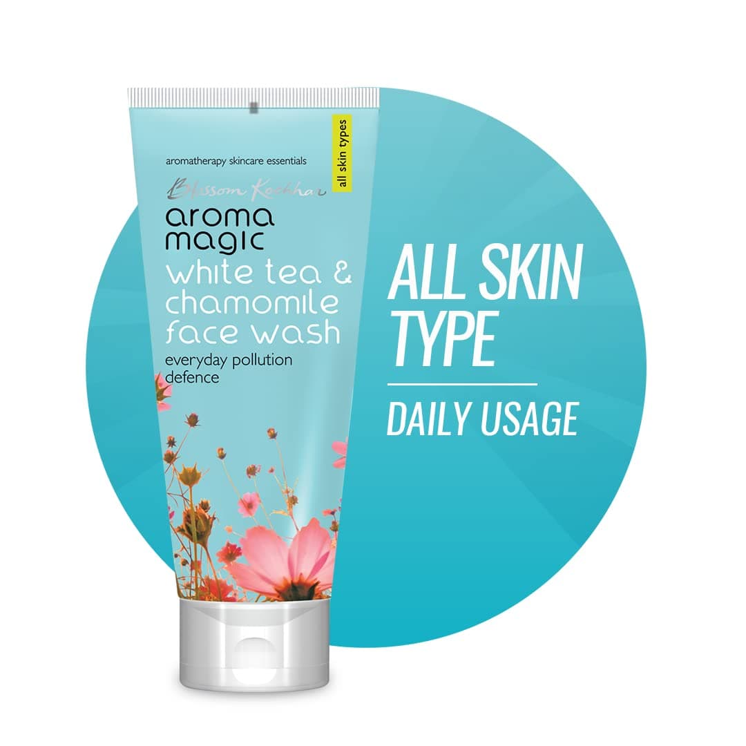 Aroma Magic Pollution Defence Face Wash with White Tea & Chamomile – Deep Pore Cleanser with Soya Milk & Exfoliating Micro Beads for All Skin Types, 100ml